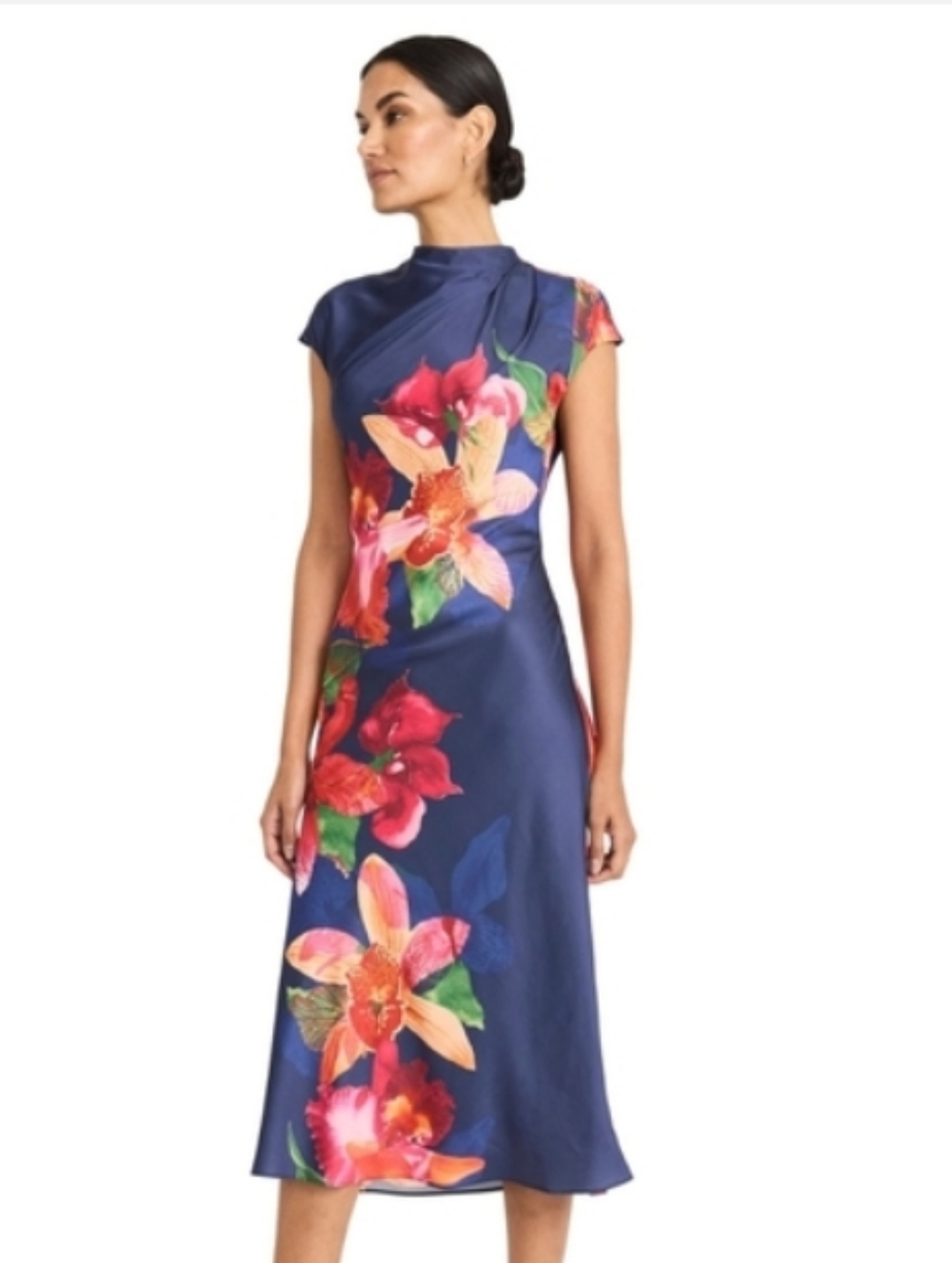Maggy London Mock Neck Midi Length A-line Cap Sleeve Floral Dress Size 4 NWT - Picture 2 of 11